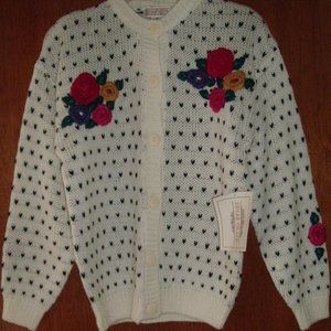 Vintage Sugar Co Ltd White Knit Cardigan Sweater Colorful Roses NWT Size Medium